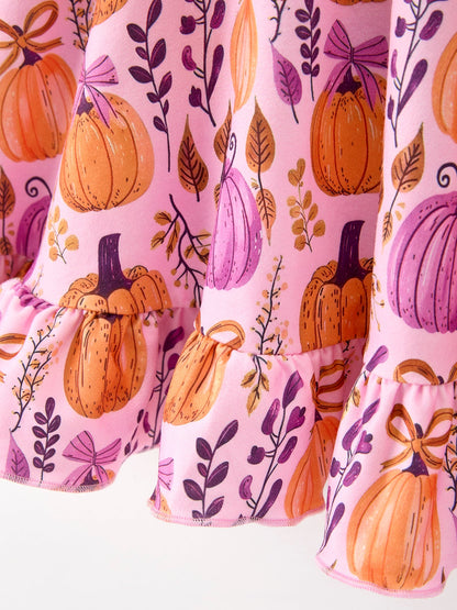 Thanksgiving Halloween Pumpkin Bow Ruffled Girls Dress