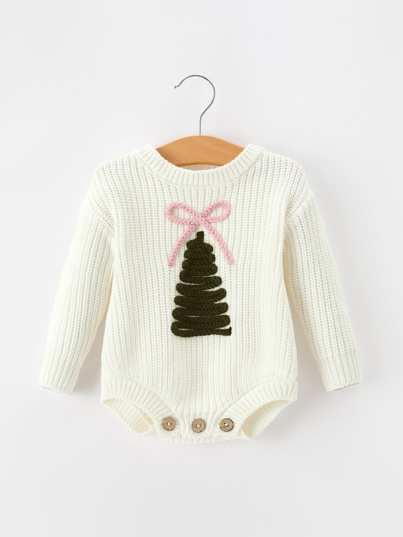 Winter Christmas Tree Girls Knit Romper Bow Long Sleeve