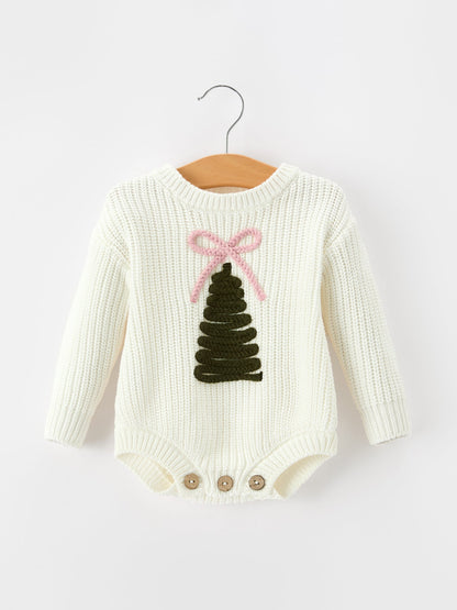 Winter Christmas Tree Girls Knit Romper Bow Long Sleeve