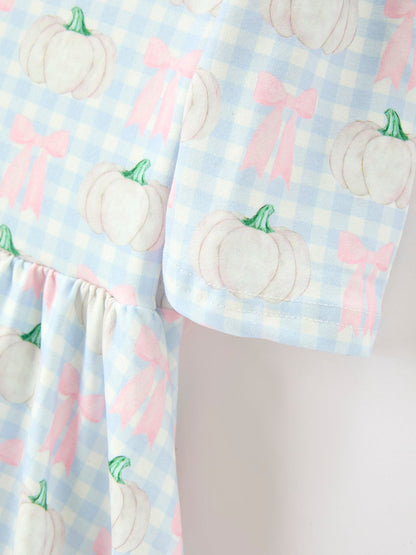 Fall Pastel Pumpkin Bow Plaid Girls Ruffle Hem Dress