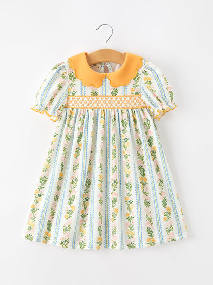 Fall Smocked Floral & Stripe Baby Girl Dress with Scallop Collar