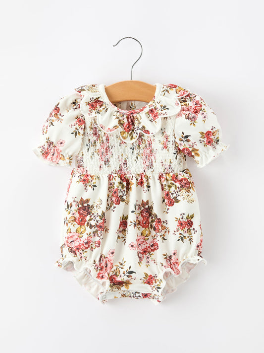 Fall Garden Baby Romper Smocked Petal Collar Bow