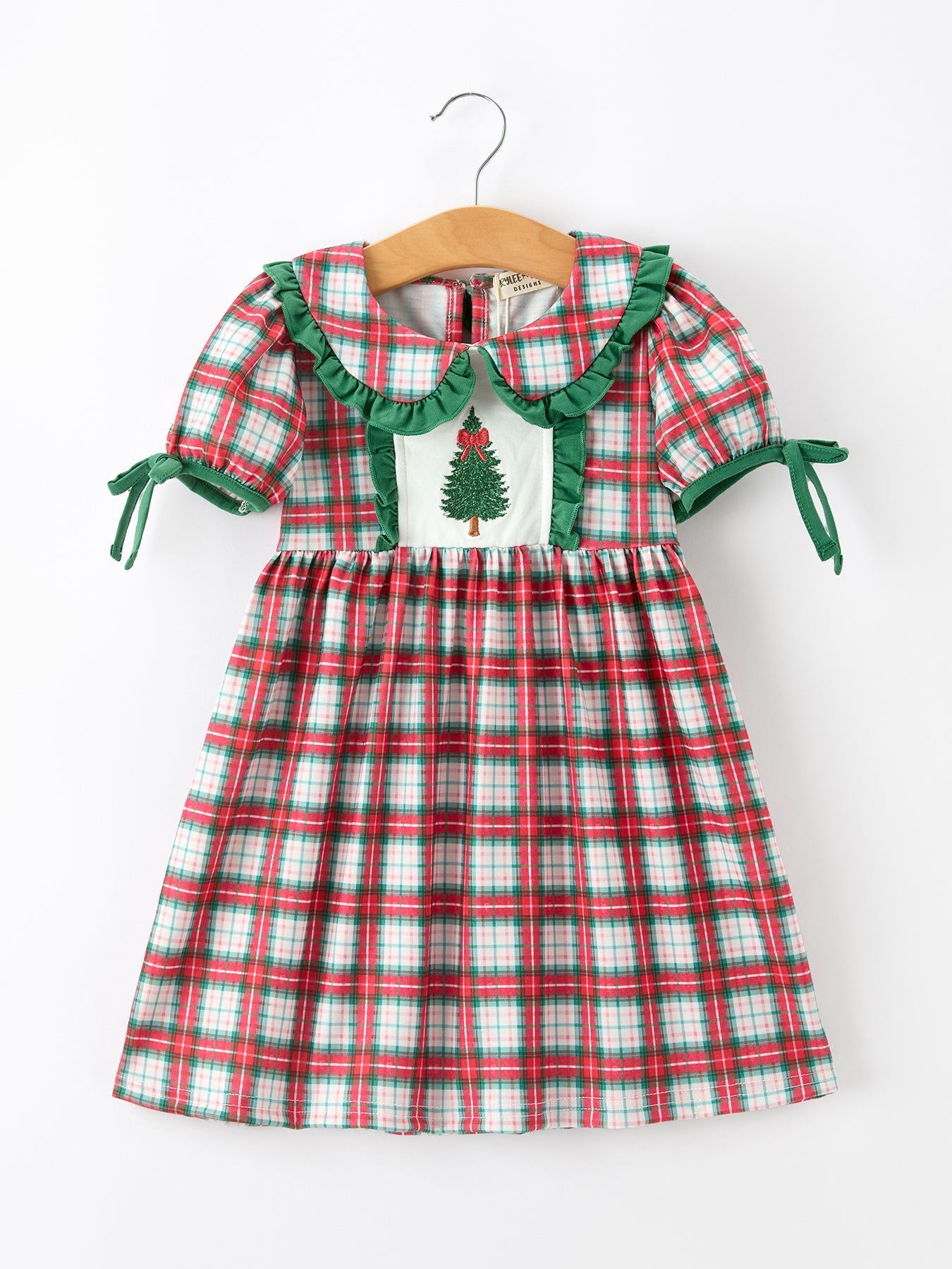 Christmas Tree Plaid Girls Dress Petals Collar Ruffle
