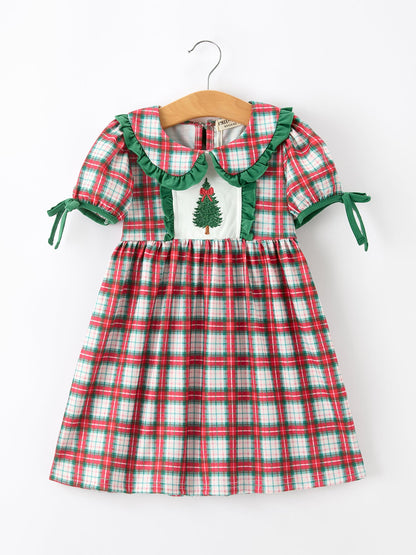 Christmas Tree Plaid Girls Dress Petals Collar Ruffle