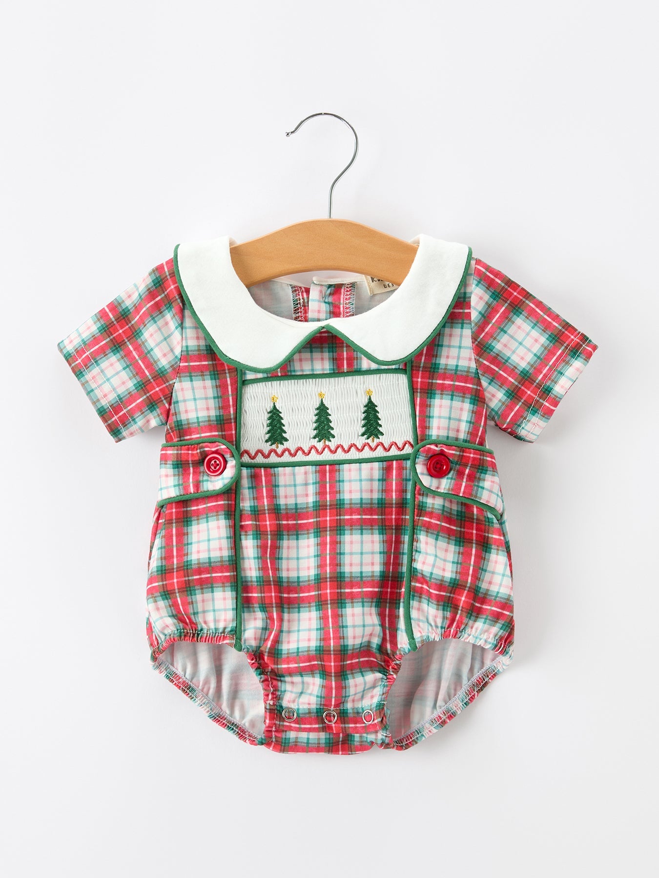 Christmas Tree Plaid Boys Romper Peter Pan Collar Smocked