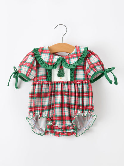 Christmas Tree Plaid Girls Romper Petals Collar Ruffle