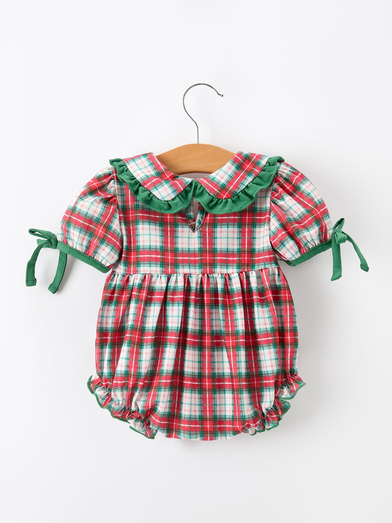 Christmas Tree Plaid Girls Romper Petals Collar Ruffle