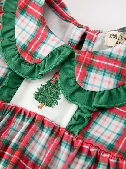 Christmas Tree Plaid Girls Romper Petals Collar Ruffle