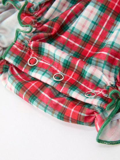 Christmas Tree Plaid Girls Romper Petals Collar Ruffle