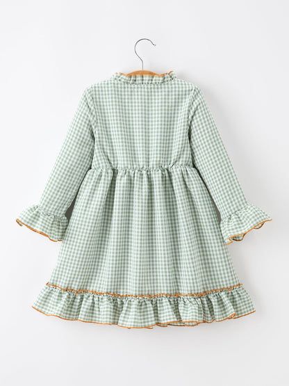 Fall Plaid Girls Dress Pumpkin Applique Ruffle Button Dress