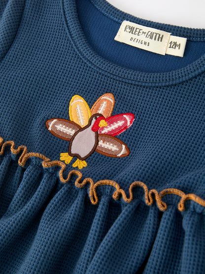 Thanksgiving Fall Turkey Applique Navy Baby Girls Romper