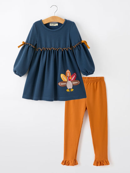 Thanksgiving Turkey Applique Girls Outfit Set Navy Top Orange Pants Set
