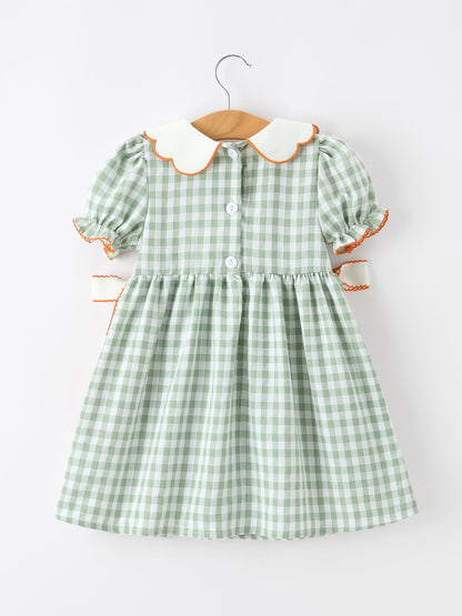 Fall Plaid Girls Dress Pumpkin Bow Smocked Peter Pan Collar
