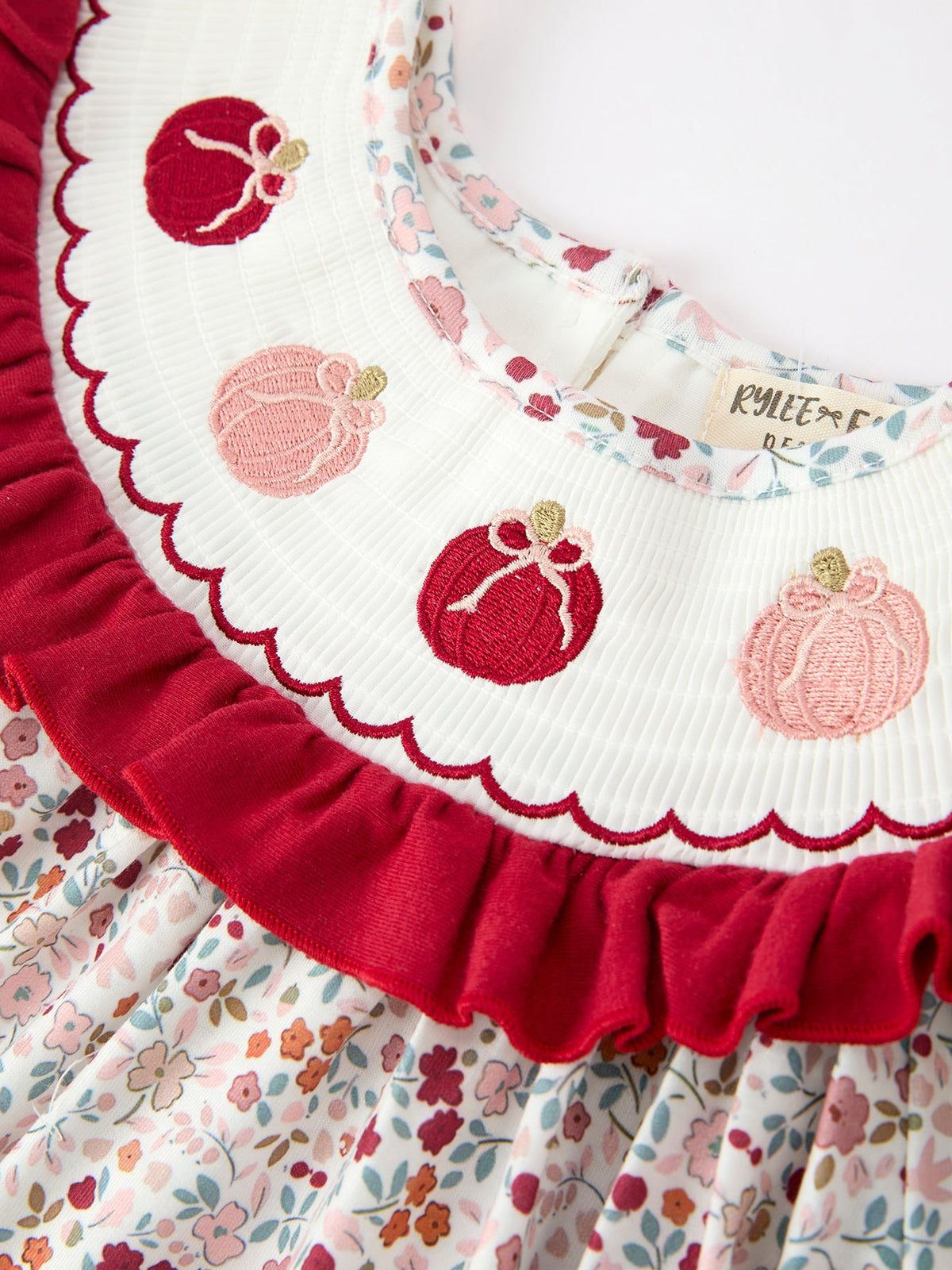 Fall Pumpkin Embroidery Girls Dress Floral Ruffle Collar Dress