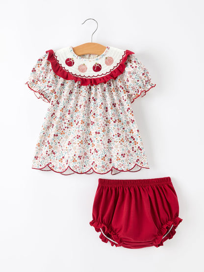 Fall Pumpkin Embroidery Baby Girl Outfit Set Red Bloomer Set