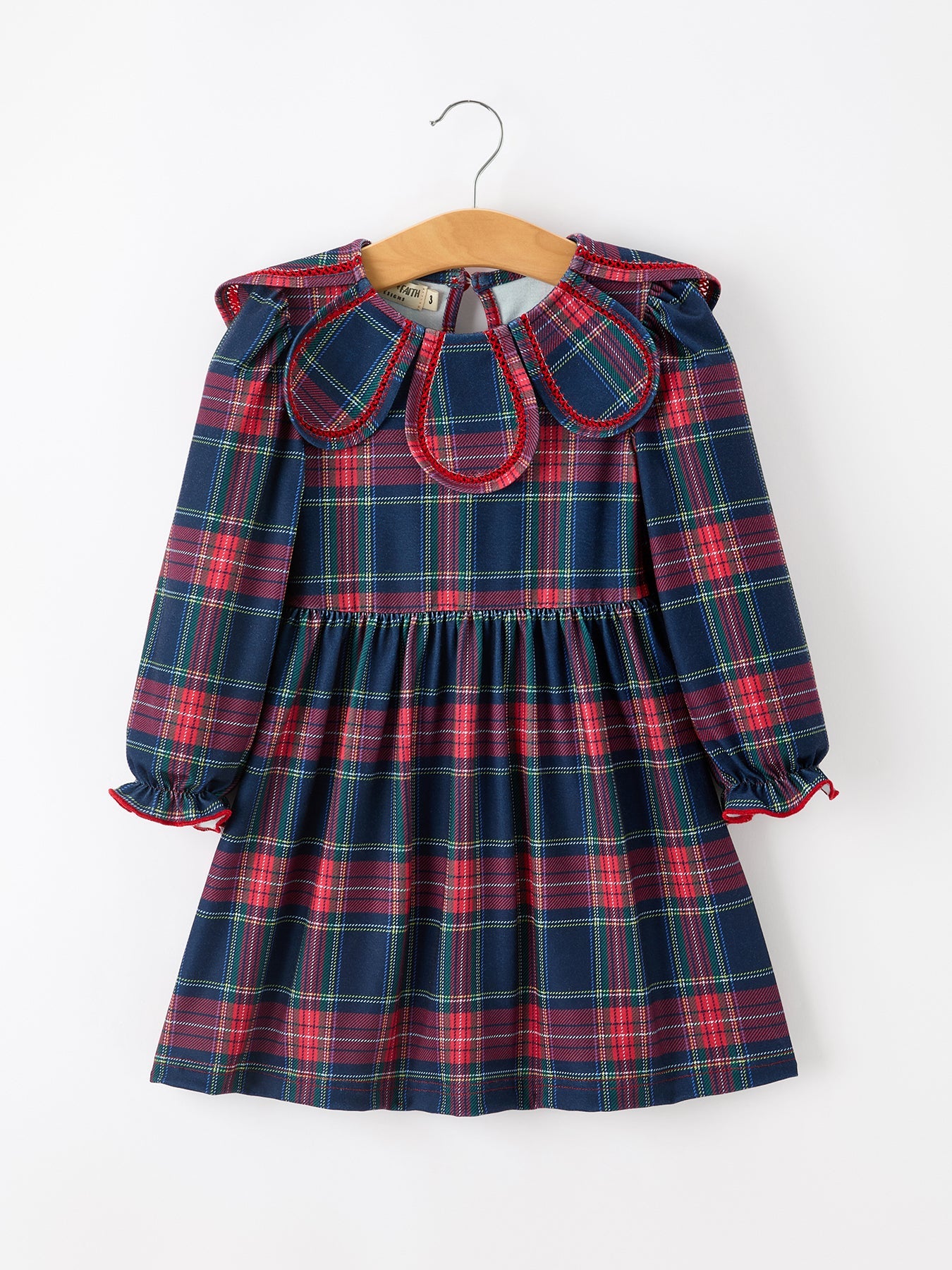 Fall Plaid Girl Dress Petal Collar Puff Sleeve Long Sleeve