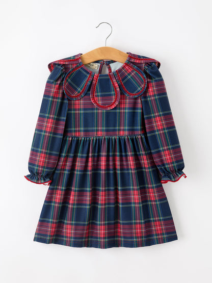 Fall Plaid Girl Dress Petal Collar Puff Sleeve Long Sleeve