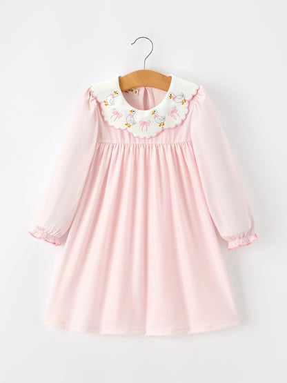 Pink Duck Embroidered Baby Girl Dress Peter Pan Collar Bow Dress