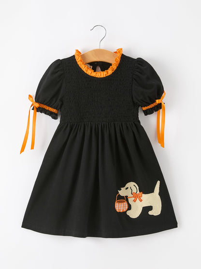 Girls Halloween Dog Pumpkin Embroidered Dress Puff Sleeve