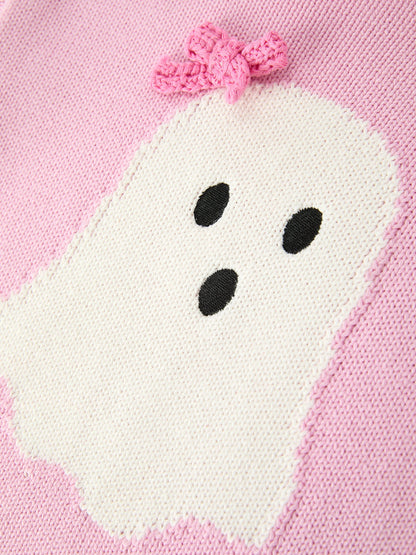 Girls Ghost Bow Knit Sweater Halloween Cute Embroidered Pullover