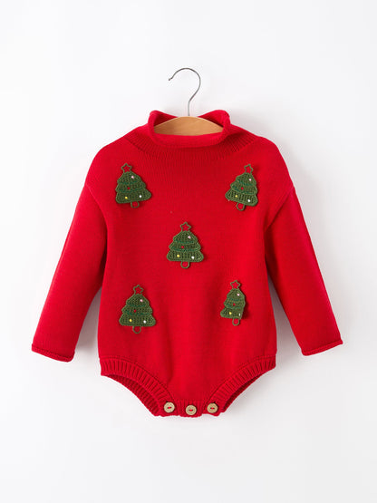 Baby Girls Christmas Red Knit Tree Appliqué Romper