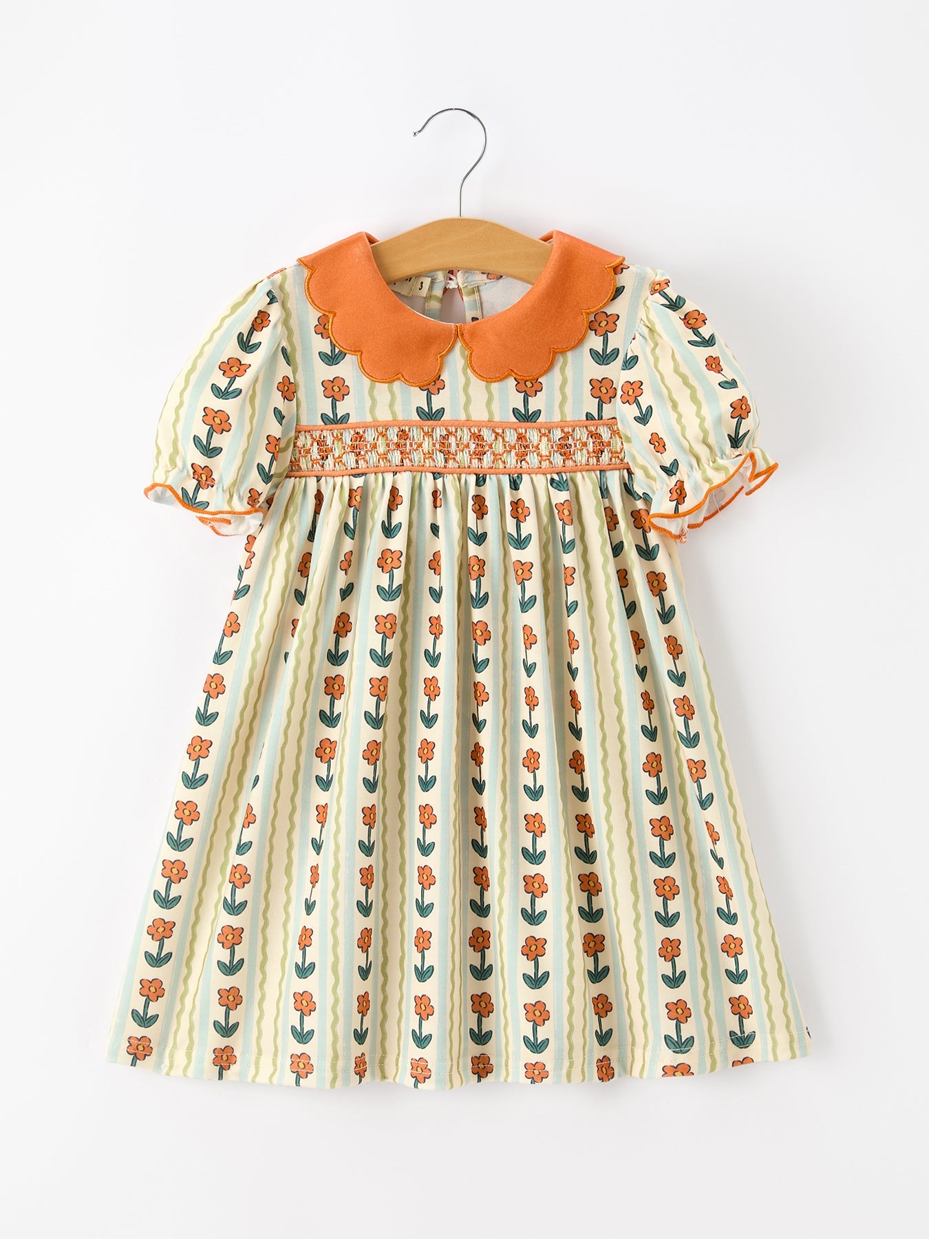 Fall Floral Stripe Girls Dress Petals Collar Smocked Puff Sleeve