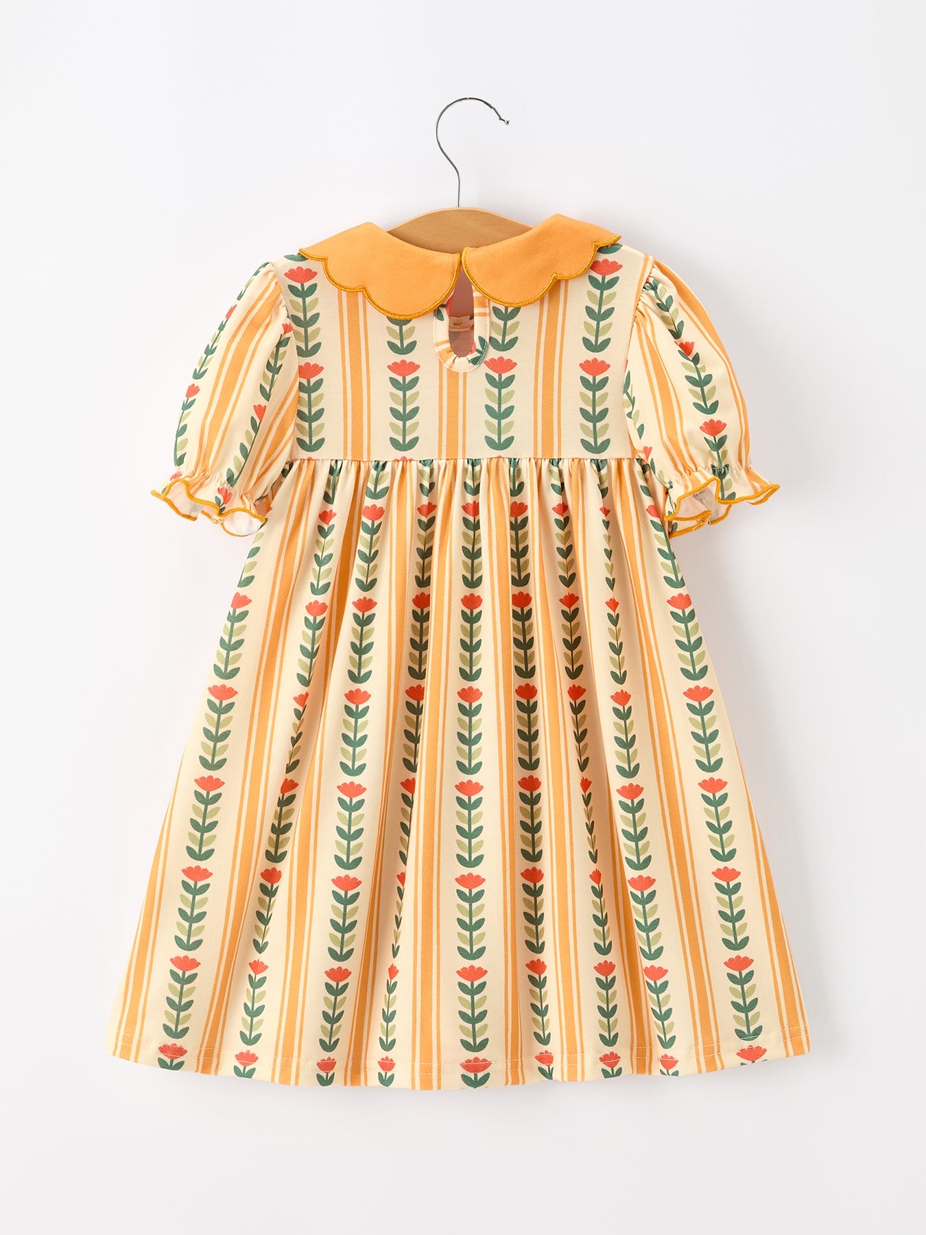 Fall Floral Stripe Girls Dress Petals Collar Smocked