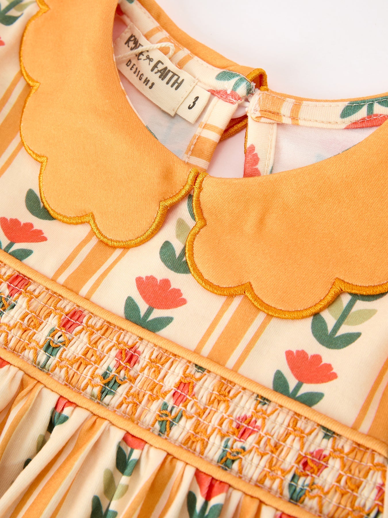 Fall Floral Stripe Girls Dress Petals Collar Smocked