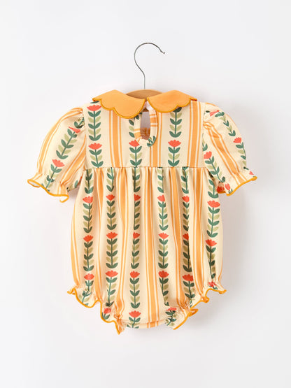 Fall Floral Stripe Baby Girls Romper Petals Collar Smocked