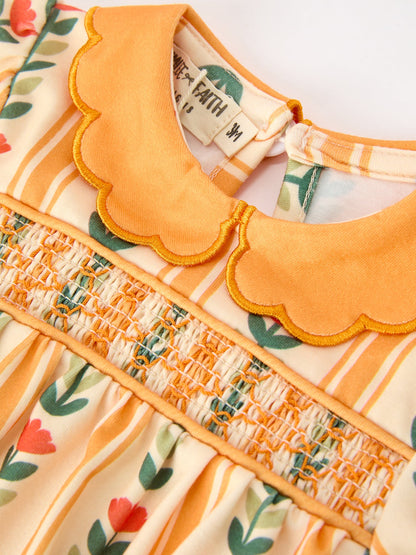 Fall Floral Stripe Baby Girls Romper Petals Collar Smocked