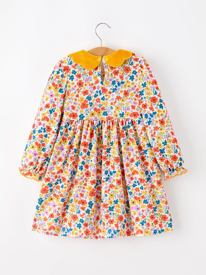 Floral Girls Dress Yellow Velvet Collar Bow Puff Sleeve Dress