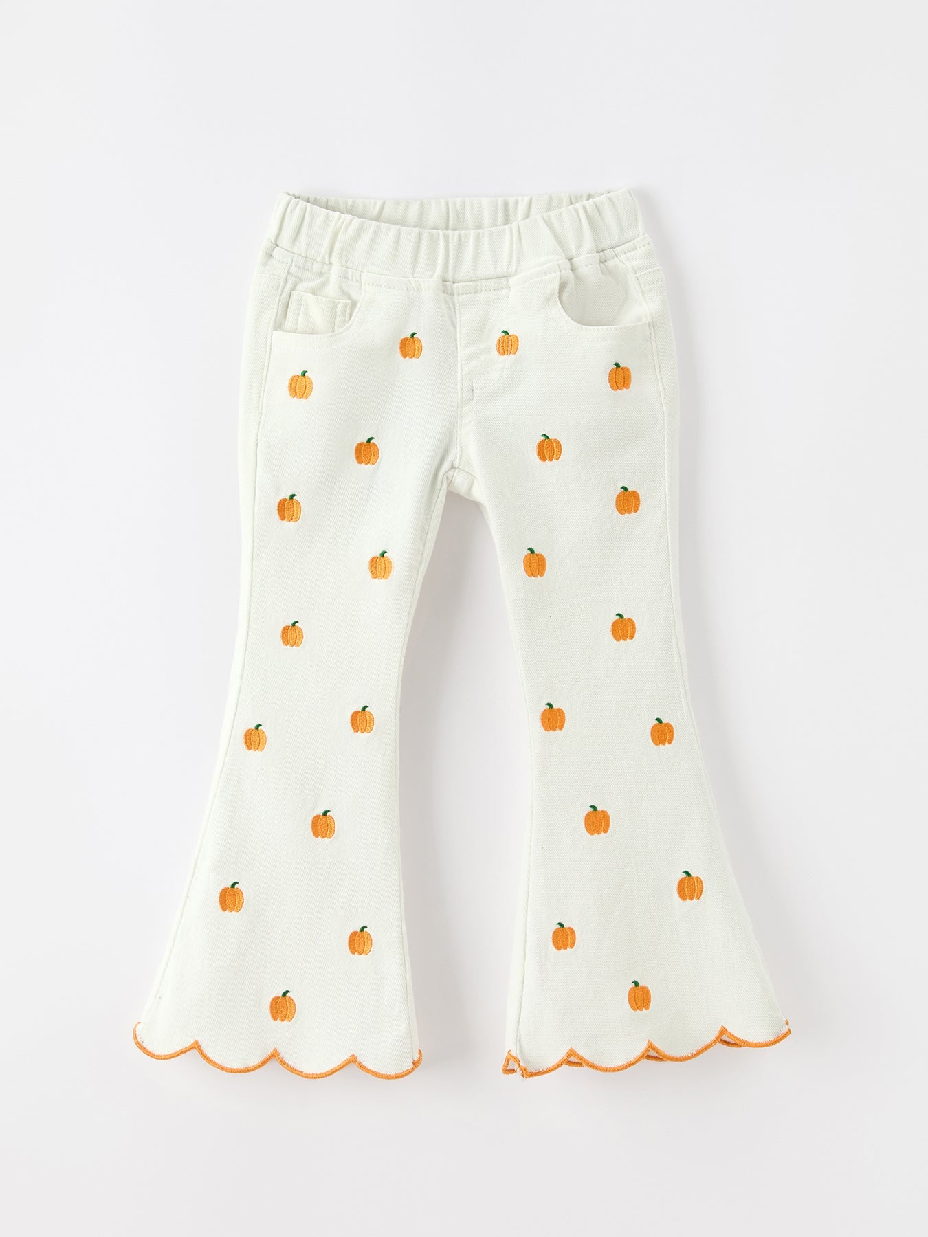 Girls Pumpkin Embroidered Wide-Leg Pants Fall Scallop Hem Casual Pants