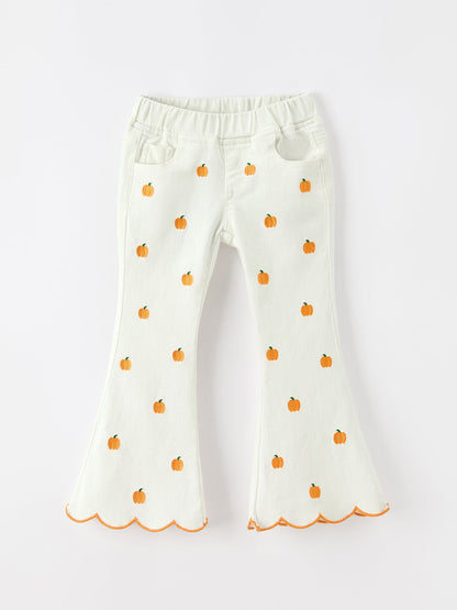 Girls Pumpkin Embroidered Wide-Leg Pants Fall Scallop Hem Casual Pants