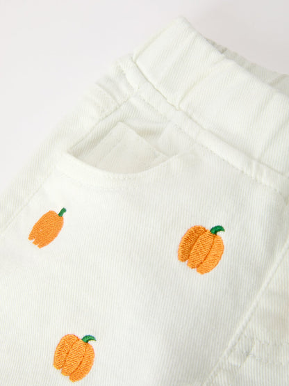 Girls Pumpkin Embroidered Wide-Leg Pants Fall Scallop Hem Casual Pants