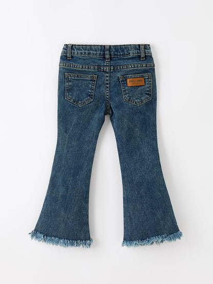 Girls Pumpkin Embroidered Flare Jeans Fall Denim Pants with Fringe Hem