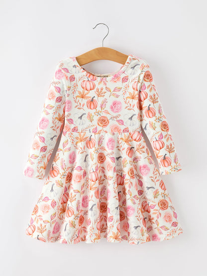 Thanksgiving Pumpkin Floral Girls Twirl Dress