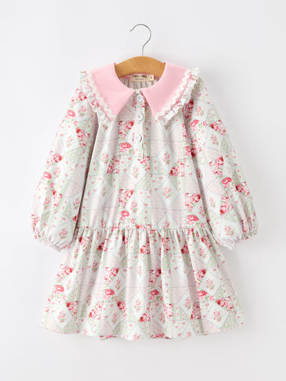 Fall Girls Floral Peter Pan Collar Ruffle Long-sleeved Dress
