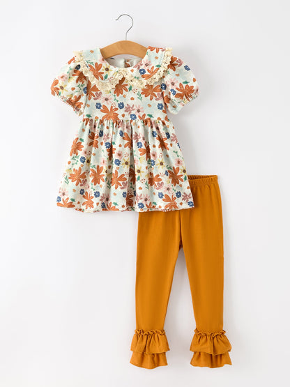 Fall Girls Floral Lace Collar Puff Sleeve Outfit Set