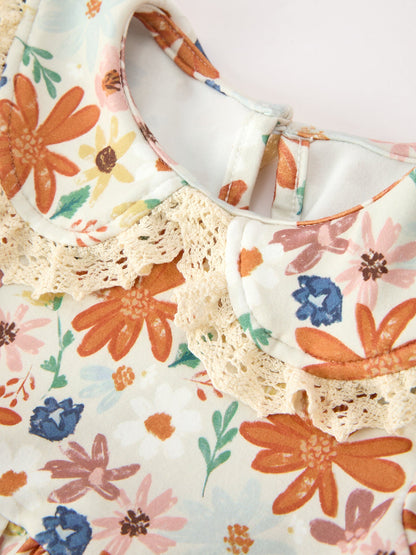 Fall Girls Floral Lace Collar Puff Sleeve Outfit Set