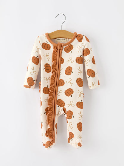 Fall Thanksgiving Pumpkin Ruffle Zip Sleeper Waffle Jumpsuit