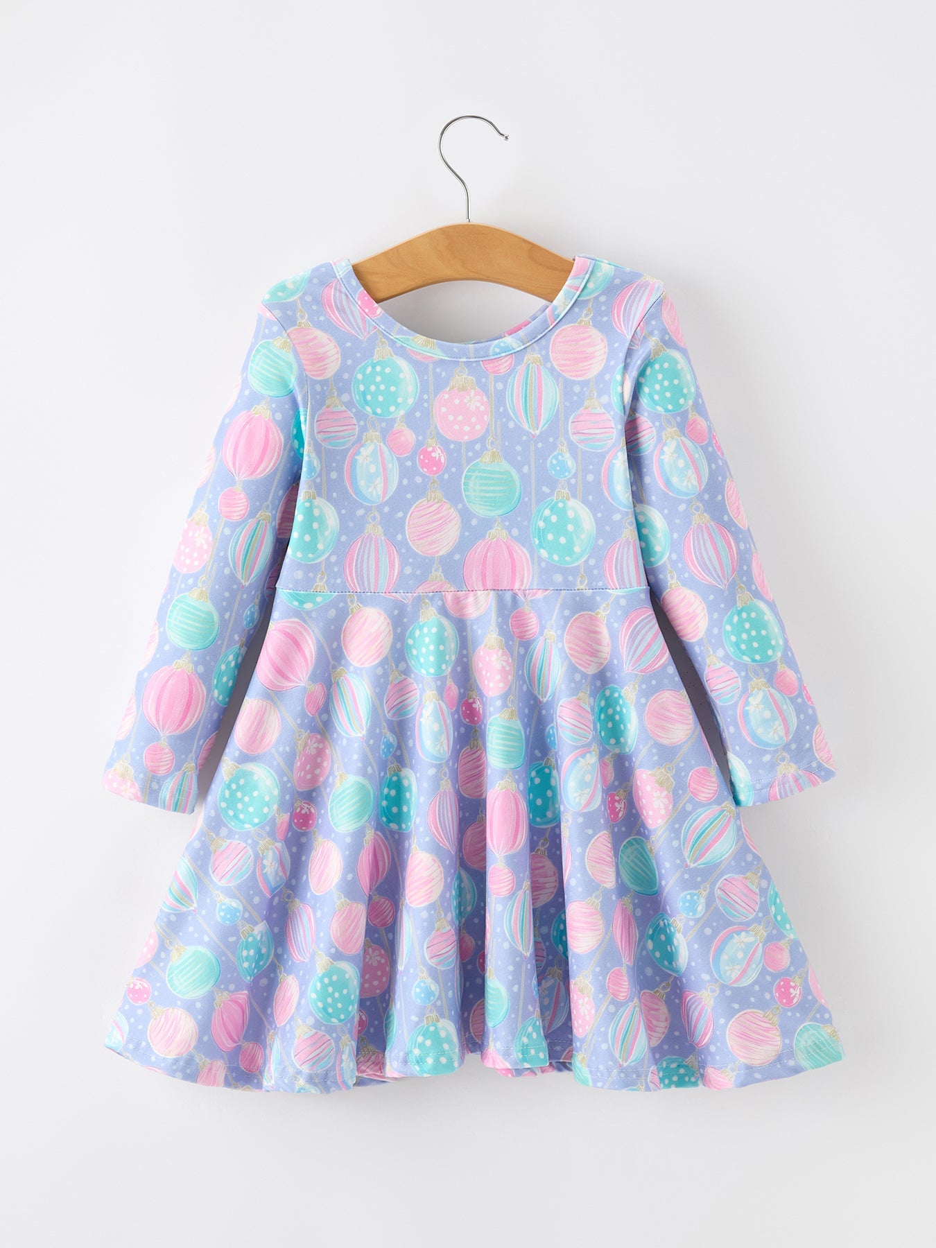 Girls Pastel Christmas Ornament Print Twirl Dress