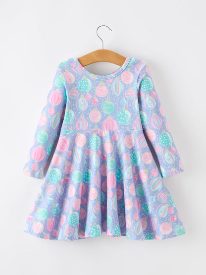 Girls Pastel Christmas Ornament Print Twirl Dress