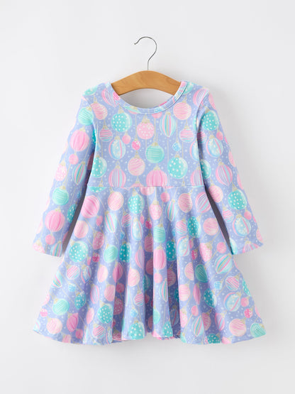 Girls Pastel Christmas Ornament Print Twirl Dress