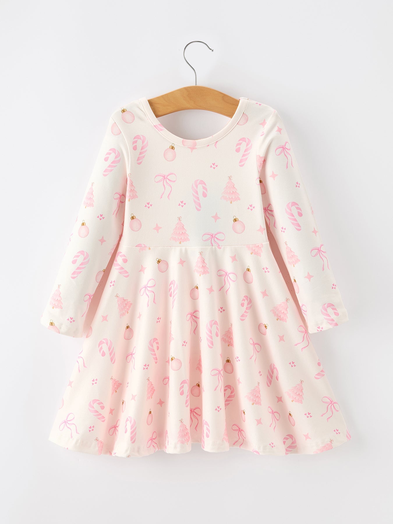 Girls Pink Christmas Ornament Print Flare Dress