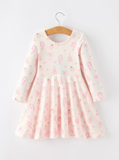 Girls Pink Christmas Ornament Print Flare Dress