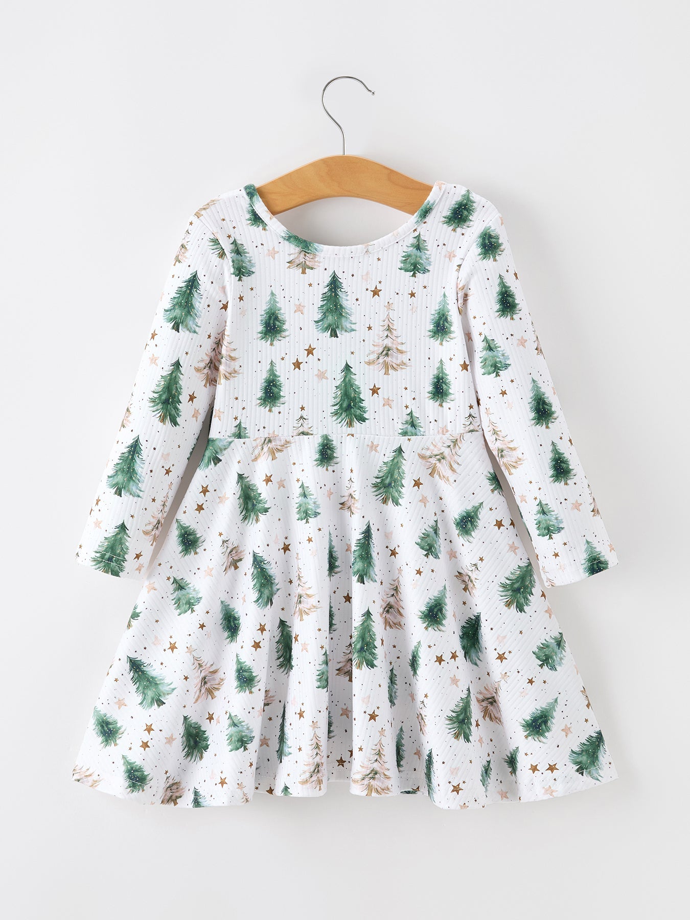 Girls Christmas Tree & Star Ribbed Print Twirl Dress