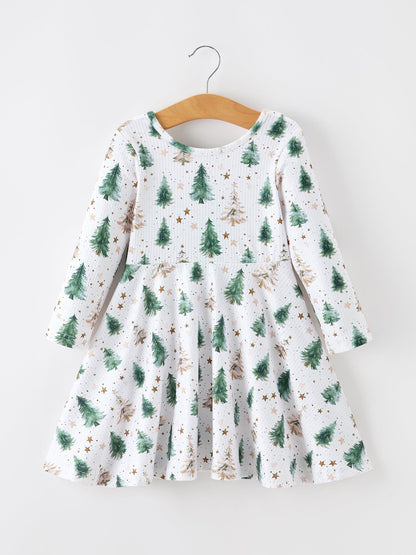 Girls Christmas Tree & Star Ribbed Print Twirl Dress