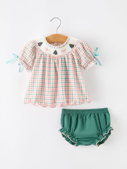 Girls Christmas Plaid Smocked Bloomers Set with Tree Embroidery