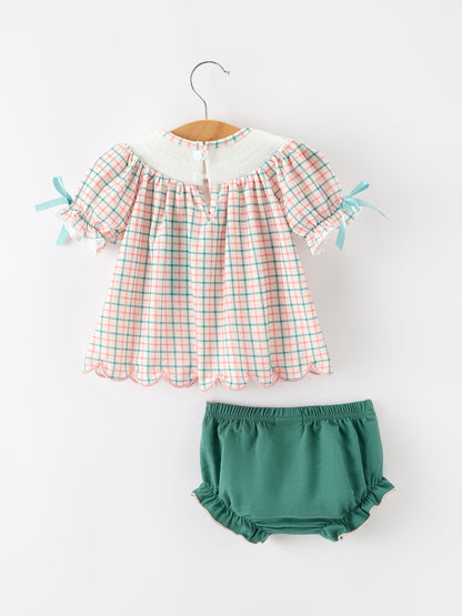 Girls Christmas Plaid Smocked Bloomers Set with Tree Embroidery