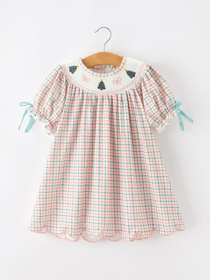 Girls Christmas Smocked Plaid Dress with Tree Embroidery